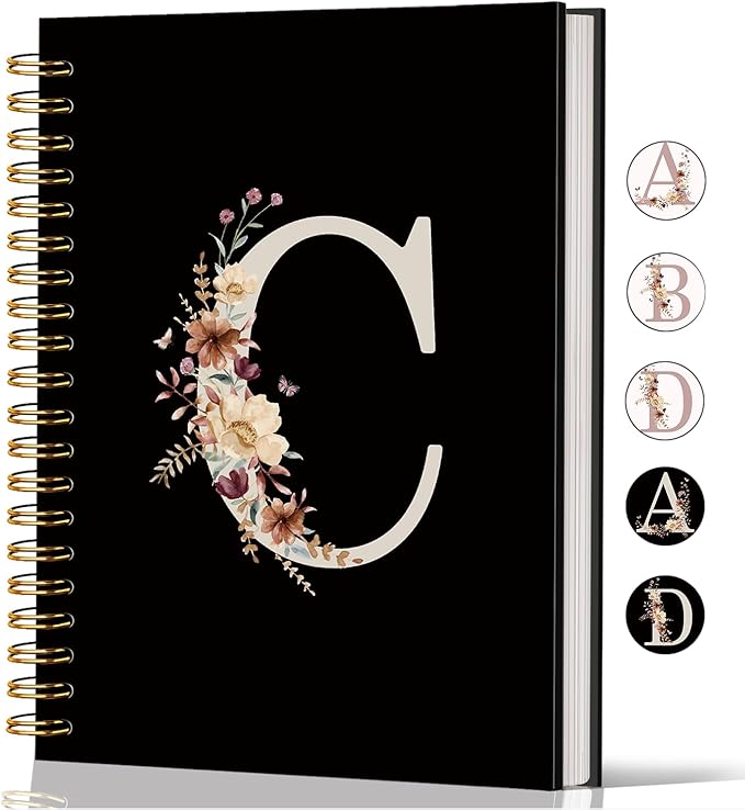 Lacama Campus Initial Letter C Notebook Journal, Cute Wildflower Personalized Black Spiral Notebook, School Supplies, Customized Monogrammed Gifts, Birthday Gifts for Women, Office Supplies