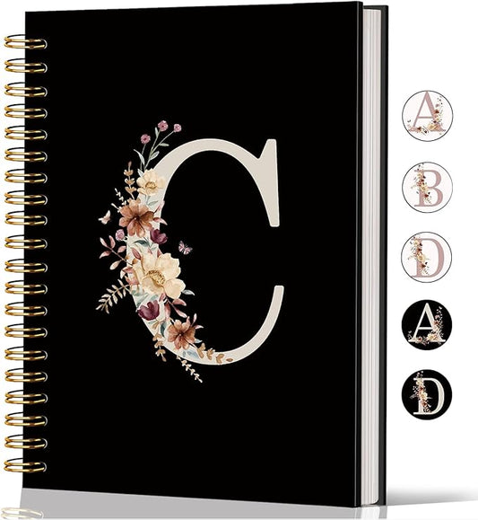 Lacama Campus Initial Letter C Notebook Journal, Cute Wildflower Personalized Black Spiral Notebook, School Supplies, Customized Monogrammed Gifts, Birthday Gifts for Women, Office Supplies