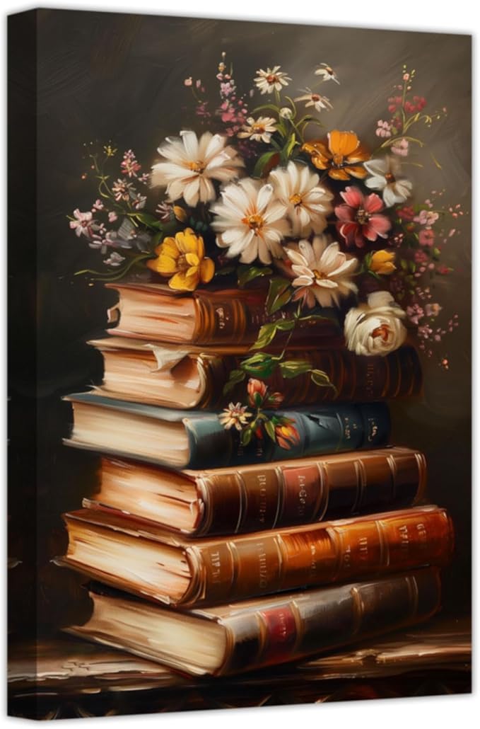 CHAOSETKEN Vintage Books Wall Art Flower and Books Canvas Prints Moody Floral Pictures Aesthetic Poster Rustic Still Life Artwork for Library Office Decor Framed (Brown,24" L x 16" W)