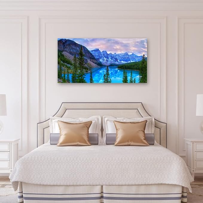 Mountain Lake Wall Art Living Room Wall Decor Banff National Park Nature Landscape Canvas Picture Blue Sky Water Forest Canvas Print Artwork for Bedroom Office Home Framed Ready to Hang 20" x 40"