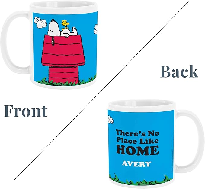 Let's Make Memories Personalized Mug - PEANUTS Character Collection - Christmas Holiday Stocking Stuffer - Microwave and Dishwasher Safe - Snoopy and Woodstock - No Place Like Home - 11 oz.