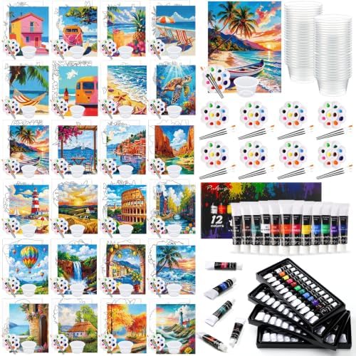 Cholemy 148 Pcs 24 Set Pre Drawn Canvas Paint Kit Adults, Seaside by Cholemy