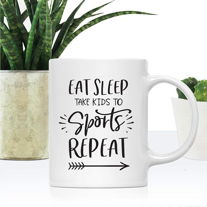 Andaz Press Mother's Day 11oz. Ceramic Coffee Tea Mug Gift for Mom, Eat. Sleep. Take Kids to Sports. Repeat, 1-Pack