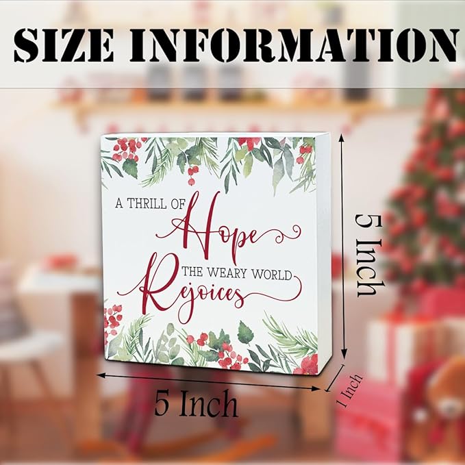Christmas Wooden Desk Decor Sign, A Thrill of Hope The Weary World Rejoices Wooden Box Sign, Winter Christmas Home Plaque for Living Room Bedroom Office Table Top Decor 5x5 Inches