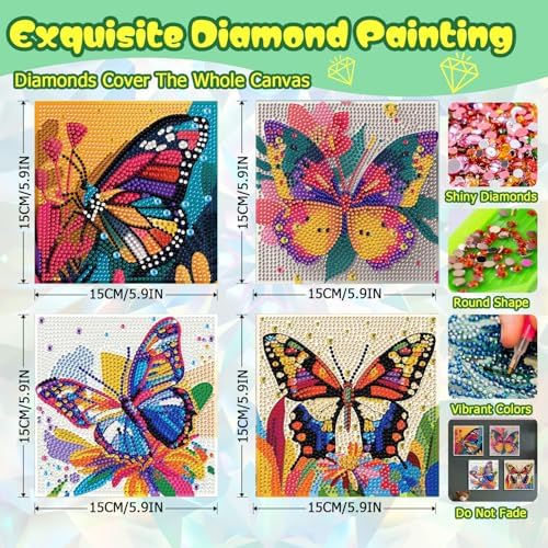 ICYANART 4 Pack Butterfly Diamond Art Painting Kits for Kids 6x6 Inch - Image 3