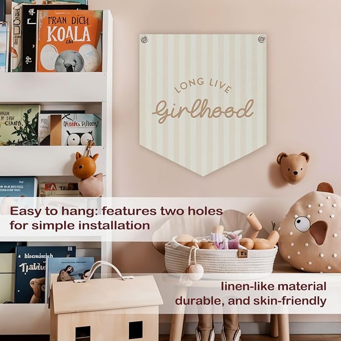 Lacama Long Live Girlhood Banner, Girls Room Decor, Girls Nursery Decor, Hanging Flag Retro Pink Banner for Nursery Playroom Wall Decor for Kids Bedroom Dorm Toddler Decorations