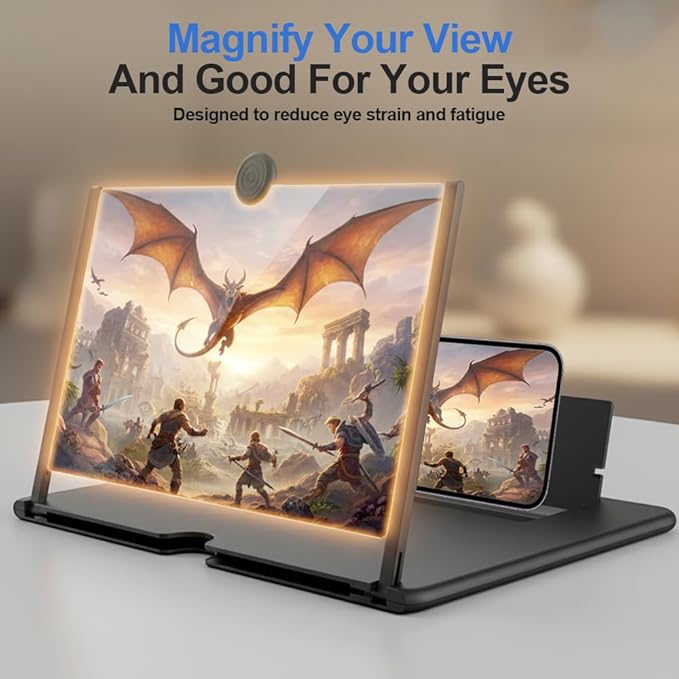 Mobile Phone Magnifier Screen, 3D HD Magnifying Projector Screen Enlarger for Movies Videos and Gaming, Foldable Phone Stand with Screen Amplifier, Compatible with All Smartphones (Black, 10inch)