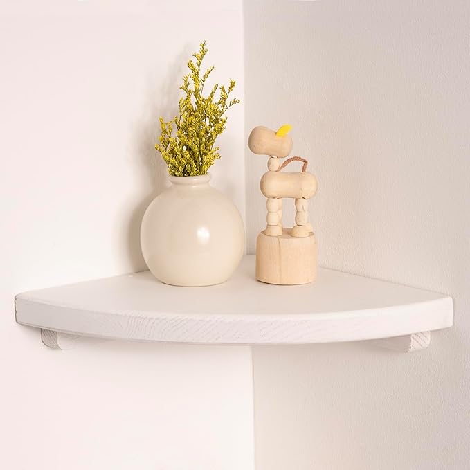 Floating Corner Shelves White 8", Solid Oak Wall Mounted Wooden Display Storage Rack with Wire Hole for Plants, Photos, Speakers, Bedroom, Kitchen, Living Room Décor - 1-Pack