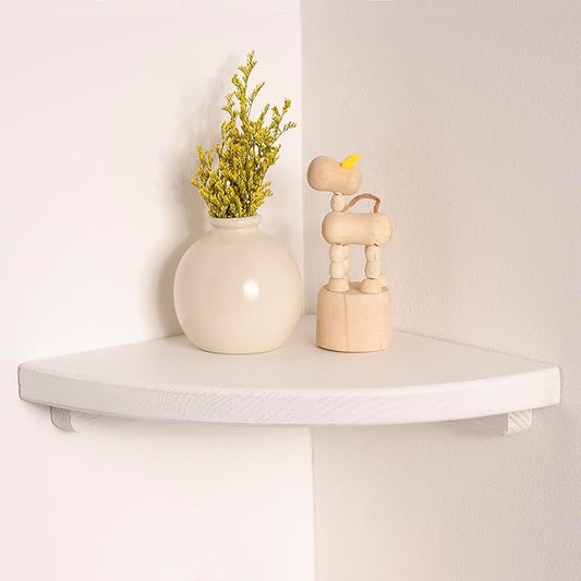 Floating Corner Shelves White 8", Solid Oak Wall Mounted Wooden Display Storage Rack with Wire Hole for Plants, Photos, Speakers, Bedroom, Kitchen, Living Room Décor - 1-Pack