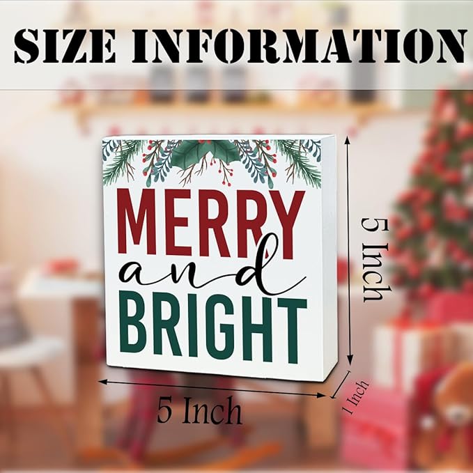 Christmas Wooden Desk Decor Sign, Merry and Bright Wooden Box Sign, Holiday Tabletop Home Plaque with Berry Design, Winter Christmas Decor for Living Room Bedroom Office 5x5 Inches