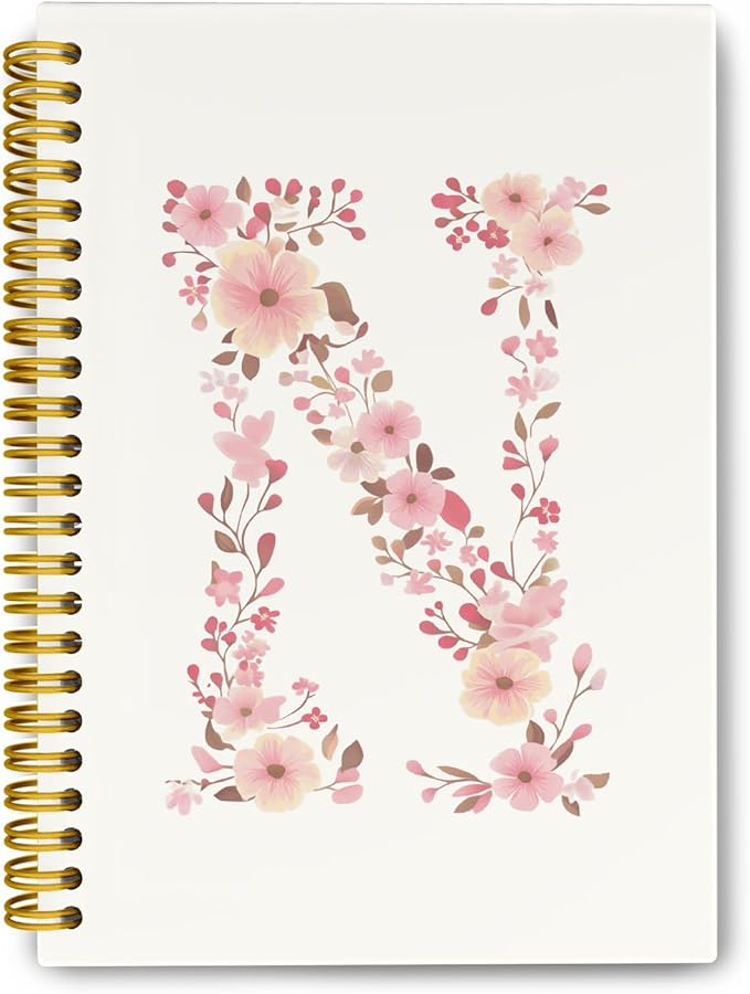 Pink Cute Spiral Notebook Journal, Preppy Floral Initial Letter N Personalized Journaling Notebooks, Monogrammed Gifts for Women Girls, Botanical Hardcover Spiral Lined Notebook 5.5 x 8.3