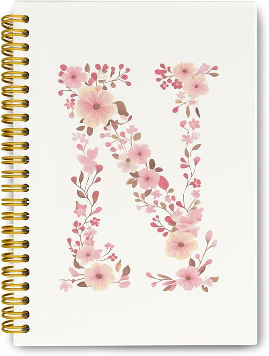 Pink Cute Spiral Notebook Journal, Preppy Floral Initial Letter N Personalized Journaling Notebooks, Monogrammed Gifts for Women Girls, Botanical Hardcover Spiral Lined Notebook 5.5 x 8.3