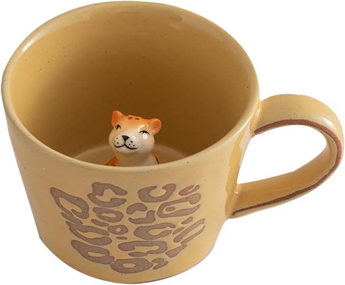 DIHOclub Leopard Coffee Cup Ceramic 3D Wild Animal Inside Mug,Cute Cartoon Handmade Figurine Mugs,Holiday and Birthday Gift for Coffee Milk Tea Lovers,12 OZ (Yellow Leopard)