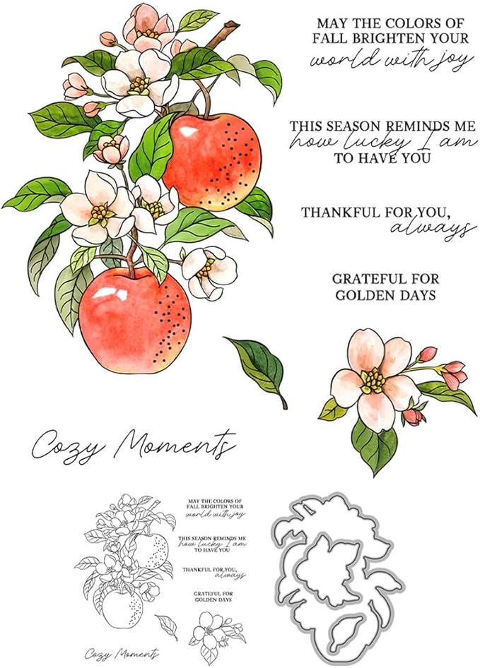Fruit Flower Branches Stamps and Cutting Dies for Card Making DIY Transparent Silicone Clear Stamp and Metal Die Cuts Sets for Scrapbooking Paper Greeting Cards Decor Seals Craft Supplies