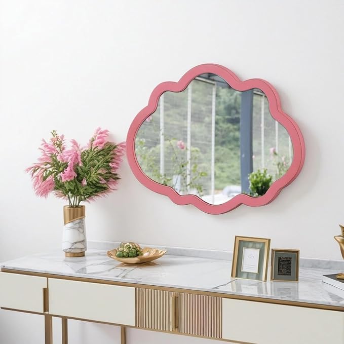 Rustic Pink Cloud Mirror 12 X 16 Inch, Hanging Handmade Distressed Finish Wood Frame Small Nursery Mirrors for Wall Girl, Cute Decorative Mirrors for Wall Decor Living Room Bedroom Entryway