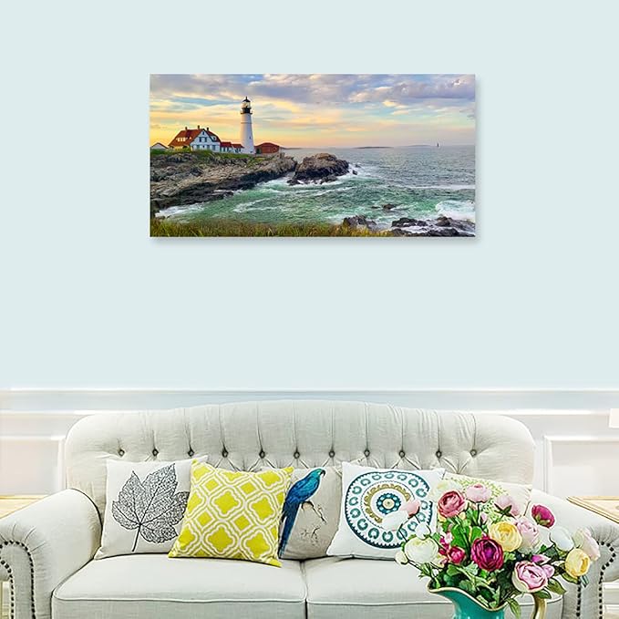 tigeridge Sunset Lighthouse Canvas Wall Art for Living Room Wall Decor Sunset Seascape Pictures Ocean Prints Nature Artwork Office Home Wall Decorations Framed Ready to Hang 24" x 48"
