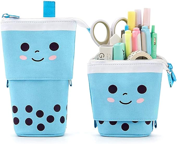 Cute Standing Pencil Case Pen Holder for Kids, Pop Up Stand UP Bubble Tea Pen Organizer Kawaii Stationary for Christmas Holiday New Year Office (Blue)
