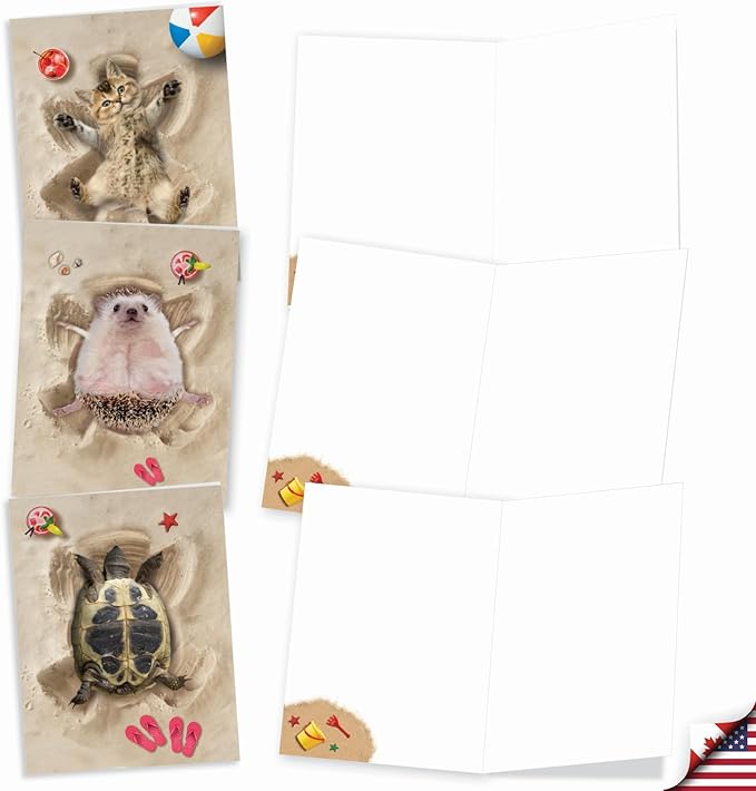 The Best Card Company - 20 Bulk Box Animal Note Cards Blank (4 x 5.12 Inch) - Funny Wildlife Assorted Notecard Pack with Envelopes (10 Designs, 2 Each) - Sand Angels AM6844OCB-B2x10
