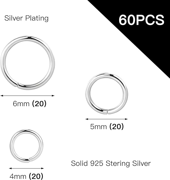 Sterling Silver Jump Rings for Jewelry Making 4mm 5mm 6mm 925 Sterling Silver Open Jump Rings for DIY（60 PCS）