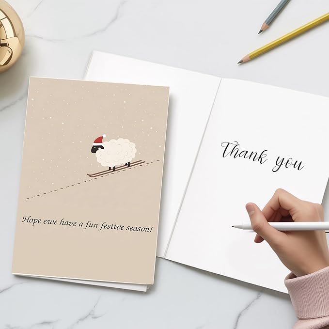 (5.3x8in) Hope Ewe Have a Fun Festive Season Card with Envelope, Cute Sheep Christmas Pun Design, Funny Holiday Greeting for Friends, Family, Coworkers, and Animal Lovers (Xmas 32)