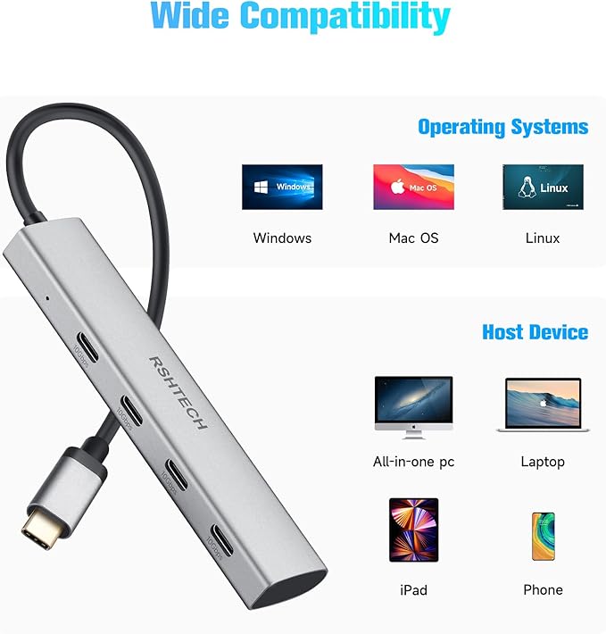 RSHTECH USB C Hub 10Gbps 4-Port USB 3.2 Gen 2 Dongle, Portable USB-C Multiport Adapter for Thunderbolt/Type C Laptop and More, Gray (RX04)