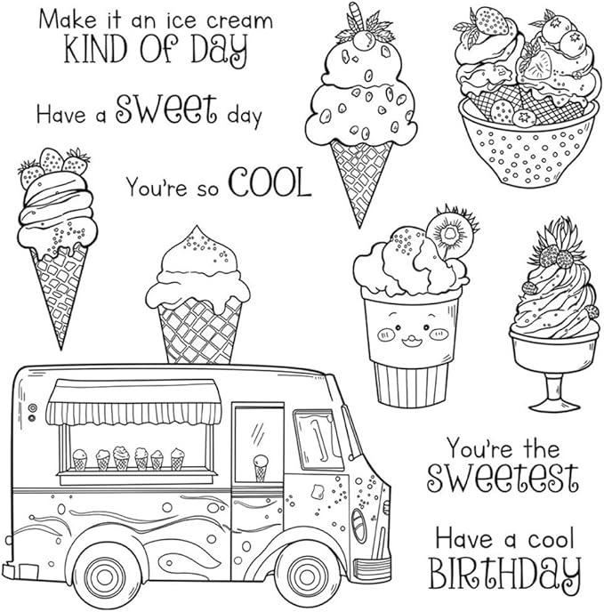 Ice Cream Cart Cones Stamps and Cutting Dies for Card Making DIY Transparent Silicone Clear Stamp and Metal Die Cuts Sets for Scrapbooking Paper Greeting Cards Decor Seals Craft Supplies