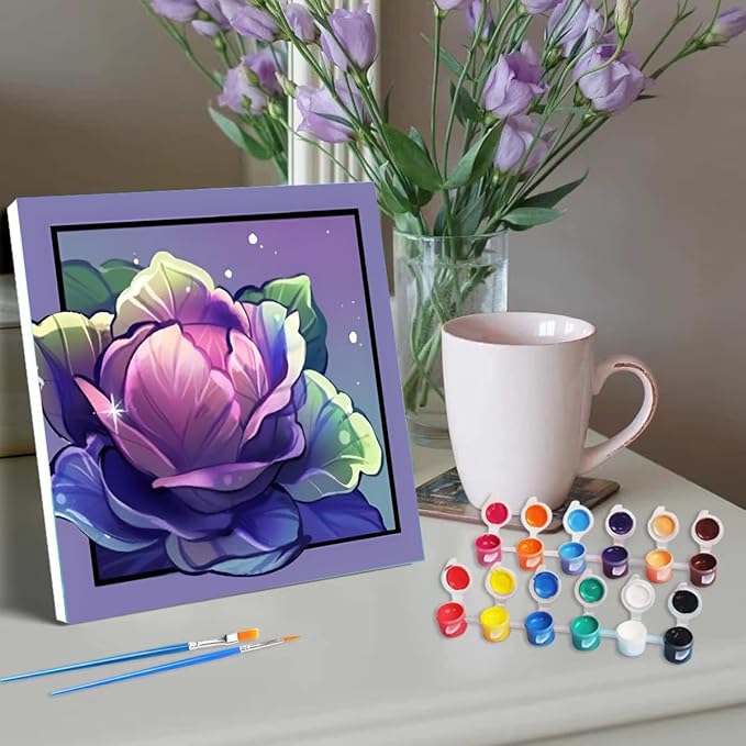 Canrichshop 4 Pack Framed Colorful Paint by Numbers Kit Beginner & All Ages,Plant Tone Paint by Number for Adults, DIY Painting Kits for Adults for Decor Present 8X 8 inch