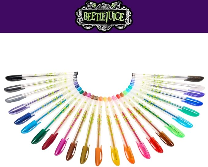 Innovative Designs Beetlejuice Gel Pens Set for Kids, 24 Pack with Glitter Gel Pens, Cute Pens for Kids, Teens, and Adults