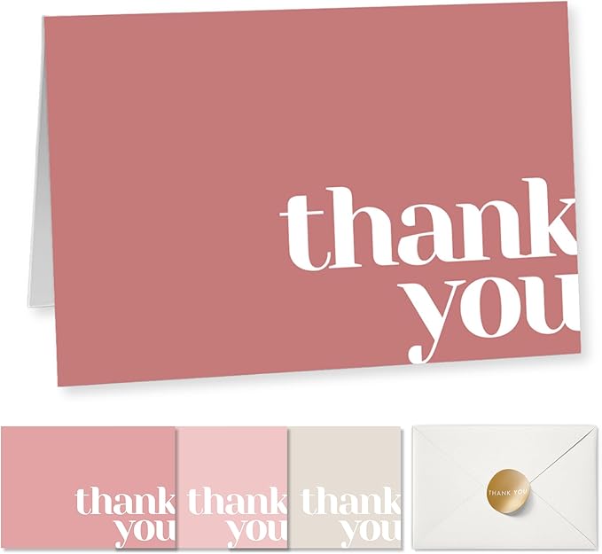 Paper Play Thank You Cards Bulk Pack of 40 Pink, 5x3.5 Inches with Matching Stickers & Envelopes, Minimalistic Design Suitable for Business, Baby Shower, Wedding, Small Business, Graduation, Funeral