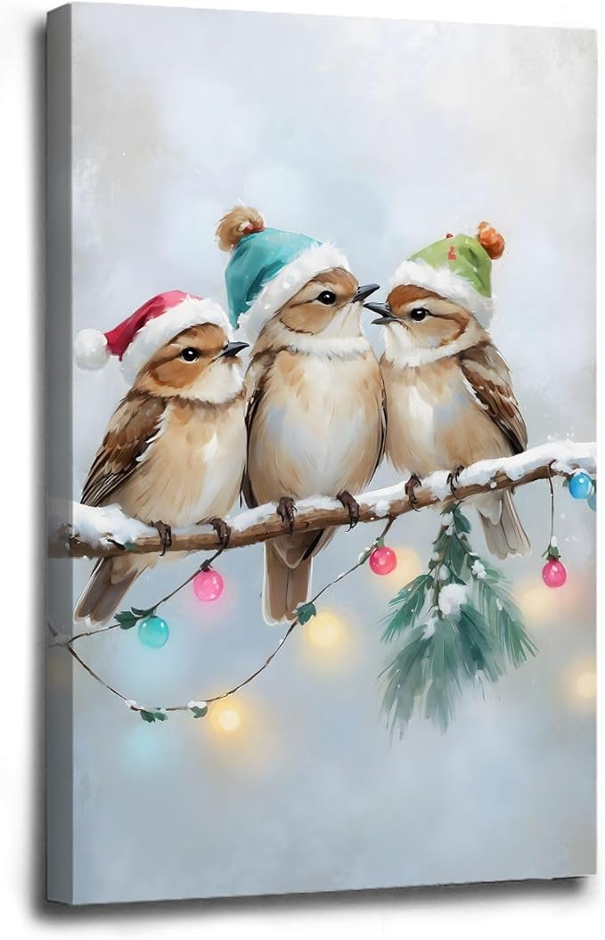 Framed Canvas Wall Art Christmas Birds Winter Art Print Wall Art Holiday Poster Trendy Christmas Decor 28x40in Wood Framed