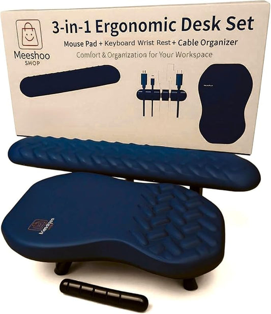 3-in-1 Ergonomic Mouse Pad Set with Keyboard Wrist Rest Support & Cable Organizer – Memory Foam for Carpal Tunnel & Pain Relief, Non-Slip Base – Ideal for Office & Gaming – Gift Box – Black-Meeshoo