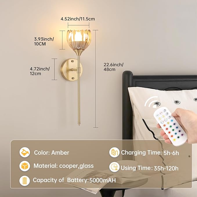 Battery Operated Wall Sconce Set of 2, Amber Tulip Vintage Wall Light Fixture Rechargeable 5000mAh Battery Powered Wall Lamp with Remote for Living Room Bathroom