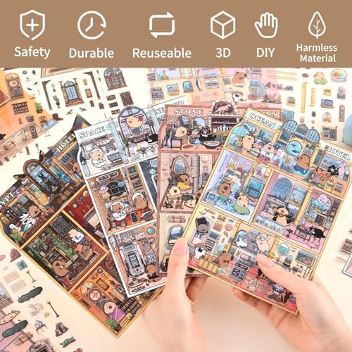 Girls 3D Miniature Scene Stickers,4 Sets Visit the Store DIY House Stickers for Space Cruise,Ocean Hotel,Egypt Hotel,Stone Age,Cute 3D Cartoon Sticker Scenes for Adult Kids Relief Stress Pass The Time - Image 2