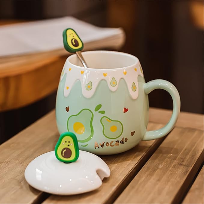Coffee Mug Cups Ceramic Tea Cup Fruits Avocado Shaped Handmade Pottery Cute Mugs With Lid Spoon Handle Office Home Hot Ice Chocolate Milk Mugs Gifts Microwave Dishwasher Safe Travel Mugs (Green)