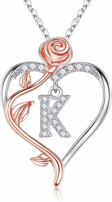 Iefil Stocking Stuffers for Women Wife - 925 Sterling Silver Rose Heart Initial Necklace, Christmas Anniversary Birthday Gifts for Women, Jewelry Gift for Her Wife Girlfriend Mom Daughter