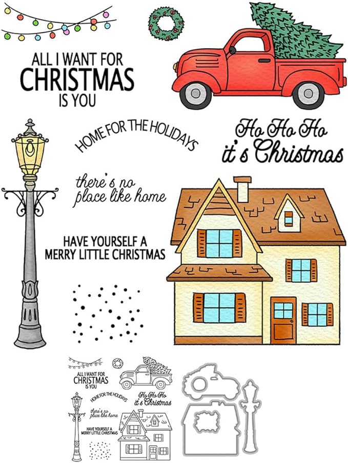 Snow House Christmas Tree Stamps and Cutting Dies for Card Making DIY Transparent Silicone Clear Stamp and Metal Die Cuts Sets for Scrapbooking Paper Greeting Cards Decor Seals Craft Supplies