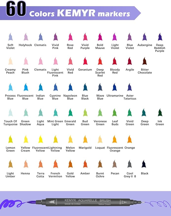 Markers for Adult Coloring Books: 60 Color Dual Tip Fine & Brush Pens - Water-Based Coloring Marker for Adults Drawing Sketching Bullet Journal Writing Lettering No bleeding