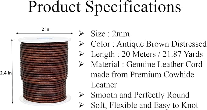 GENIQUE Real/Genuine Round Leather Cord for Jewelry Making, Leather String Cord for Crafting, Necklace, Bracelets, Braiding, Wraps (2mm, Antique Brown Distressed)