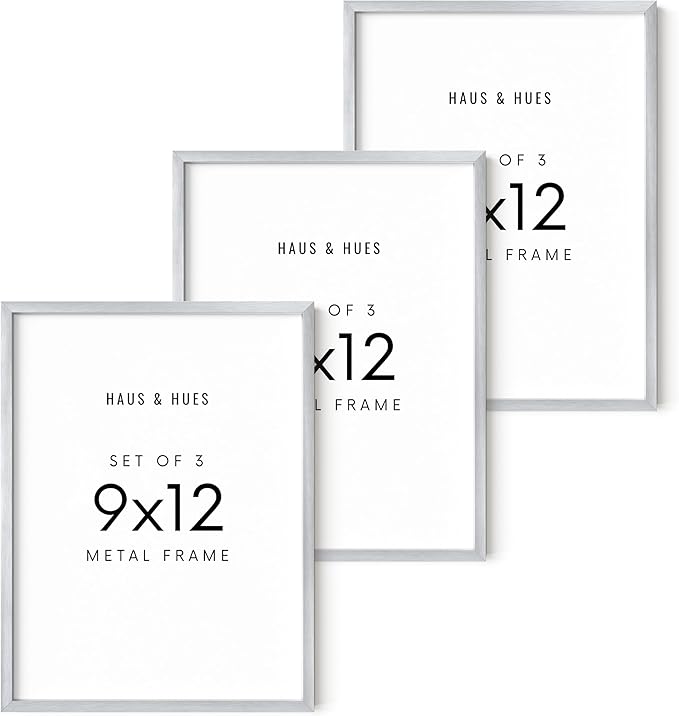 HAUS AND HUES 9x12 Silver Metal Picture Frames - Features Premium Aluminum, Vertical & Horizontal Hang, Shatterproof Plexiglass - Perfect for Home, Room, Office (9x12 in, Silver, Set of 3)