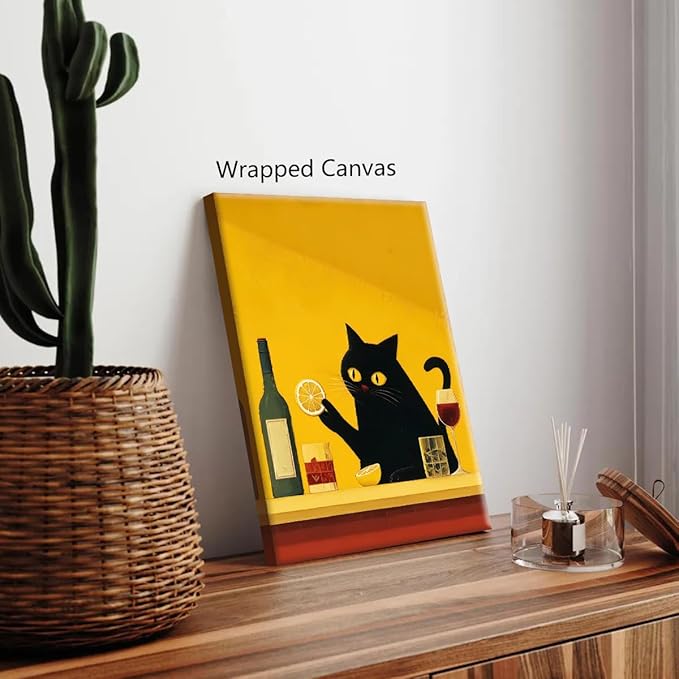 Black Cat Bartender Canvas Wall Art, Cute Cat Portrait Cocktail Poster, Trendy Bar Cart Wall Decor, Whimsical Animal and Alcohol Oil Painting, Home Bar Man Cave Art Print 16x24in Wrapped Canvas