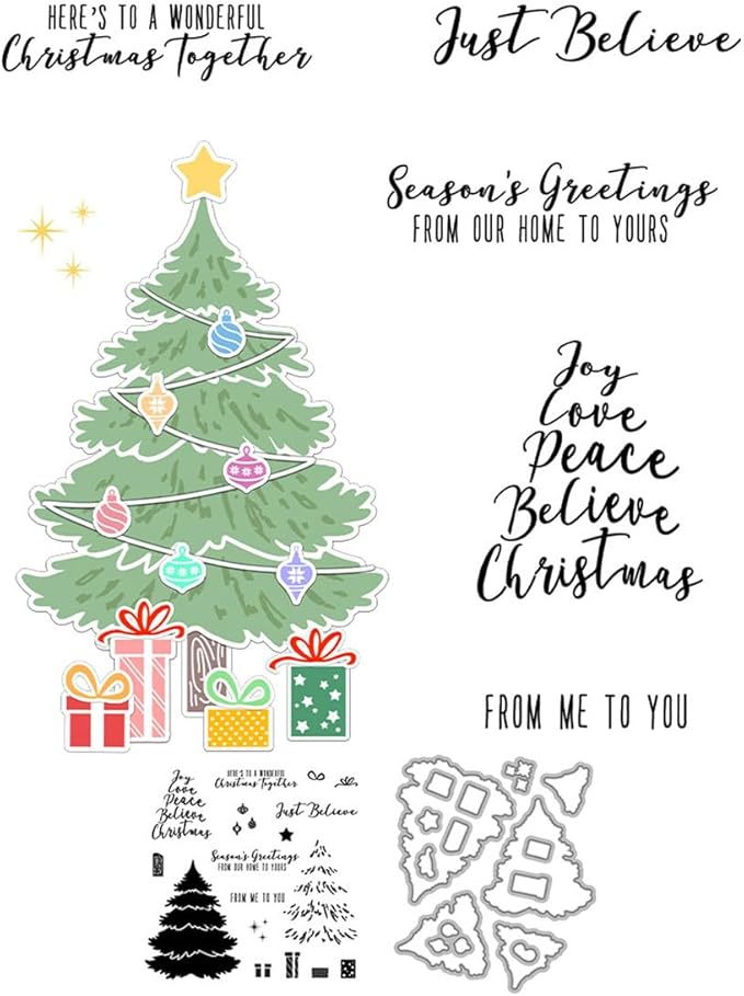 Box Christmas Tree Stamps and Cutting Dies for Card Making DIY Transparent Silicone Clear Stamp and Metal Die Cuts Sets for Scrapbooking Paper Greeting Cards Decor Seals Craft Supplies