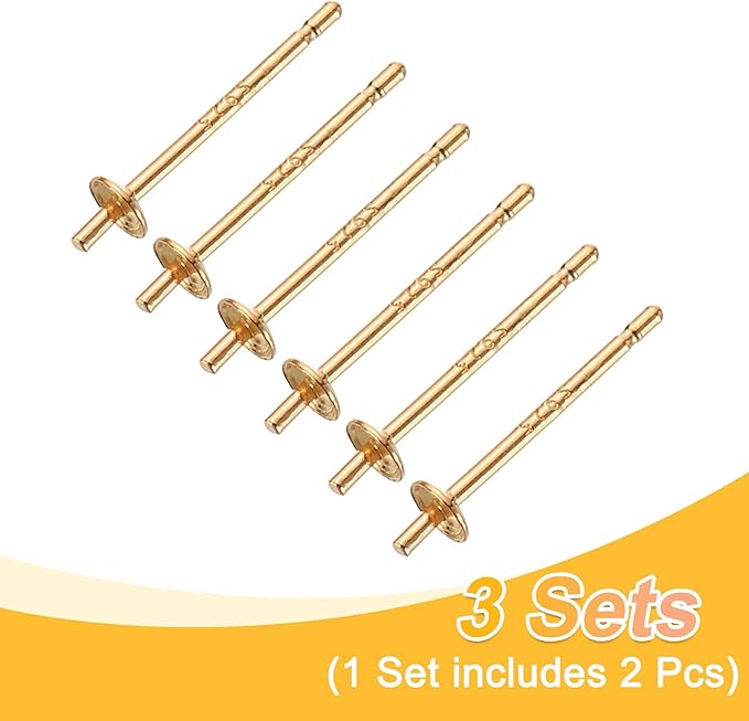 uxcell 3 Set 925 Sterling Silver Earring Posts, Pearl Cup Pad Earring Stud Blanks for DIY Earrings Jewelry Making Findings, Champagne Gold Plated, 2.5mm/0.1" Cup Size