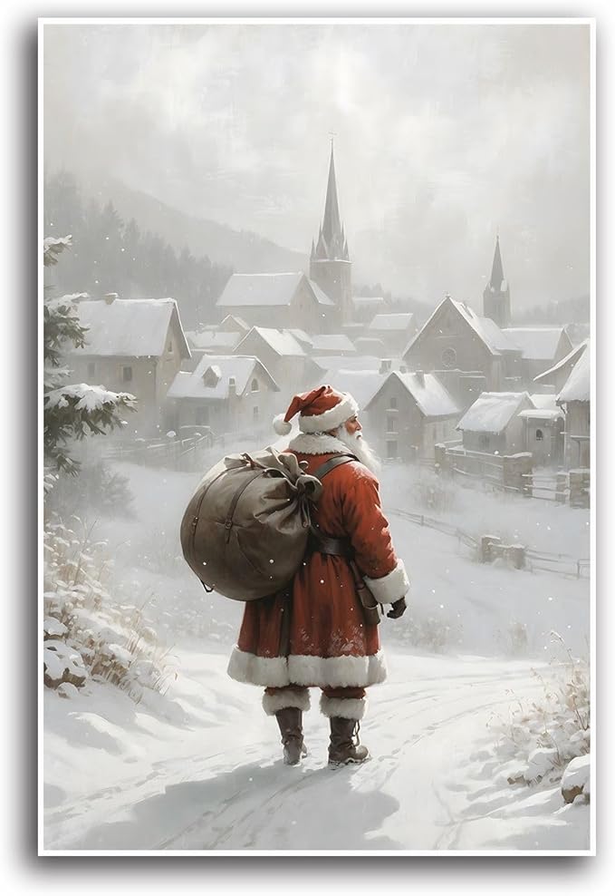 Canvas Wall Art Vintage Santa Claus Wall Art Farmhouse Christmas Print Festive Holiday Home Decor Santa Claus Painting 28x40in-UnFramed