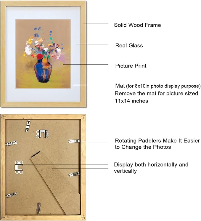 11x14 Picture Frame Made of Solid Wood Photo Frame with Real Glass for Pictures 8x10 with Mat or 11x14 Without Mat, Wall Mount or Tabletop Gallery Photo Frames,Natural,4 Pack