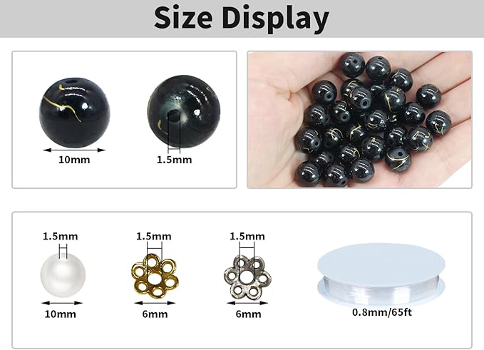 Pamir Tong 300PCS 10mm Black & Gold Round Glass Beads Bracelet Space Loose Smooth Beads for Jewelry Making, Earring, Necklaces, Keychains, Lanyards & Adult Crafting