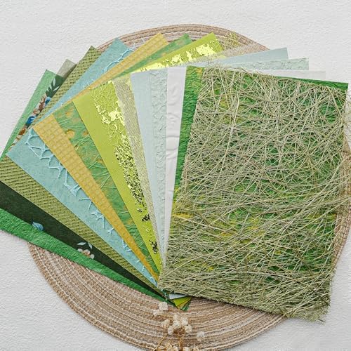 15-Piece Textured Scrapbook Paper & Mesh Fabric Set, Green A5 Sheets - Image 2