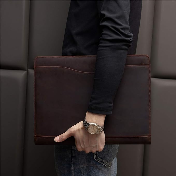 Professional Leather Business Padfolio Portfolio Case, 3 Ring Binder,Zippered Business Document Organizer Tablet Holder Folder Case,with Letter Size Notepad (Dark Brown Upgraded Version)