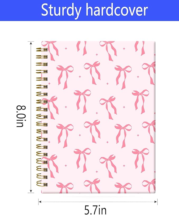 Spiral Journal Notebook,A5 Hardcover Lined Journals for Women 6 x 8.3 in,60 Sheets 120 Pages Thick Paper,Cute College Ruled Writing Notebook for Office Work School(Cute Pink Ribbon Bow)