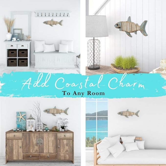 Mint Bucket Brands Driftwood Fish Nautical Wall Decor - 17" x 6. 5" Handmade Wooden Rustic Coastal Wall Art for Living Room, Bedroom, Office, Bathroom - Ocean Beach Decoration (Raya)
