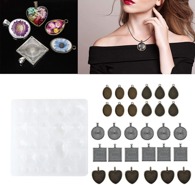 Silicone Mold Alloy Round Oval Heart Shapes Pendant Base Tray for Resin Casting DIY Jewelry Making Kit